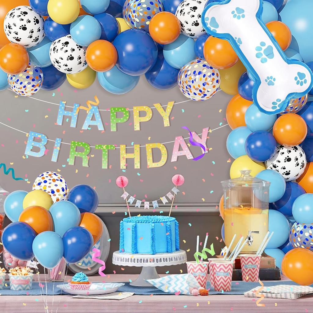 Ouddy Life 128Pcs Blue Balloons Garland Arch Kit, Blue Orange Bone Themed Birthday Party Supplies with Happy Birthday Banner Foil Paw Print Latex