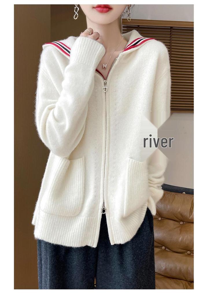 Women's Striped Color Block Hooded Cashmere Cardigan - Autumn/Winter Loose Casual 100% Pure Wool Jacket
