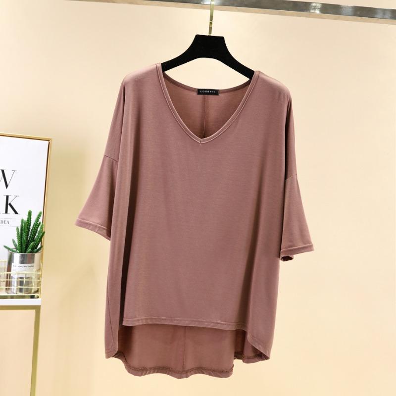 Spring Summer Women's Dusty V Neck Batwing Sleeve High Low Hem T-Shirt
