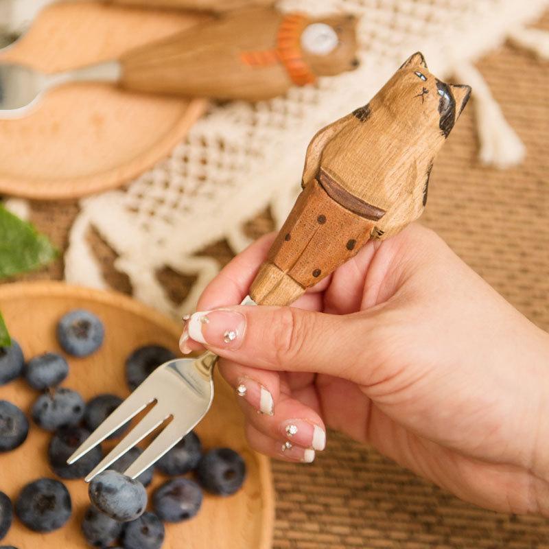 Wooden Craft Fruit Fork And Spoon Set With Childrens Design For Home And Office Use