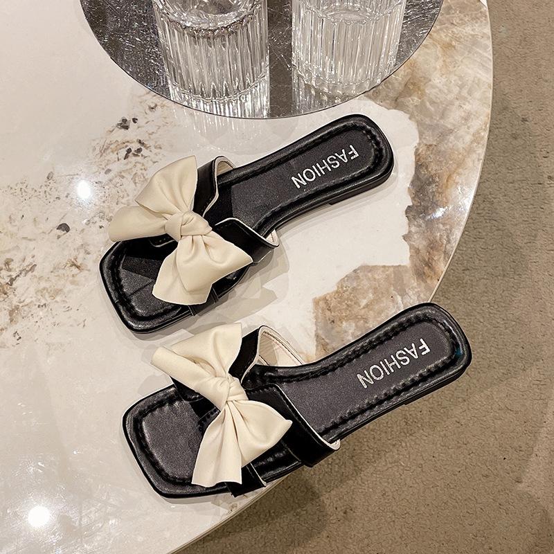 

Summer wear fashion home flat casual one word sandals women s new bow slippers 42 чёрный