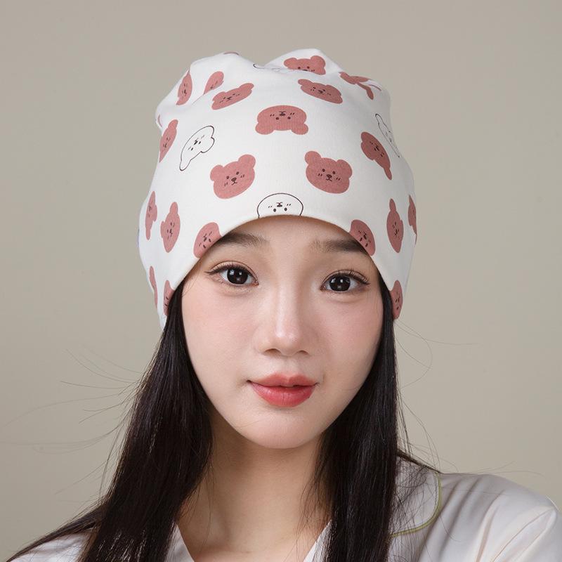 Windproof Double-Layer Postpartum Maternity Hat - Pure Cotton, High Elastic, Hexagonal Design.