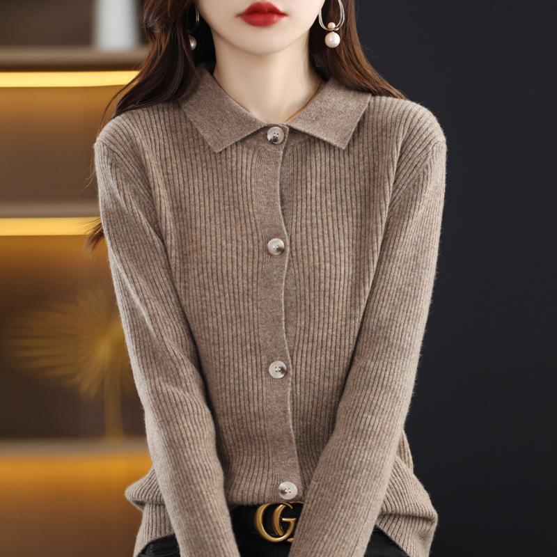Women's Ribbed Cashmere Cardigan & Knitwear Set - Slimming Lapel Design for Autumn/Winter