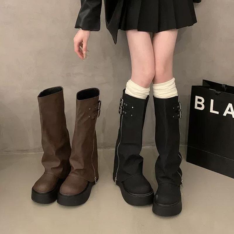 Women Round Toe Thick Soled Belt Buckle Winter Mid Calf Boots Winter Autumn Motorcycle Boot Soft Leather Side Zip