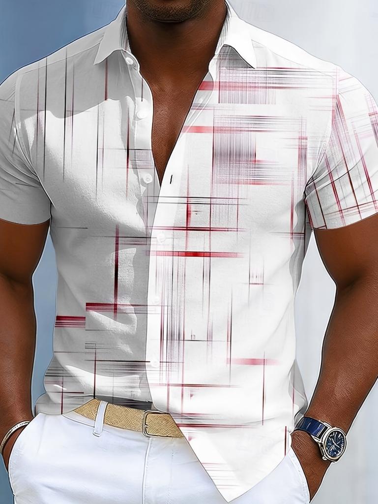 2026 Vintage Estate Uomo Camicie a Quadri Geometrici a Griglia Manica Corta Collo a Revers Stampa 3D Camicie Hawaiane per Vacanze Abbigliamento Casual da Uomo