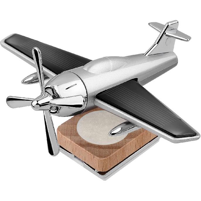 Airplane Car Diffuser: Solar Airplane Car Fragrance - Silver Car Essential Oil Diffuser with Wooden Base Desk Ornaments Decoration for Office Home