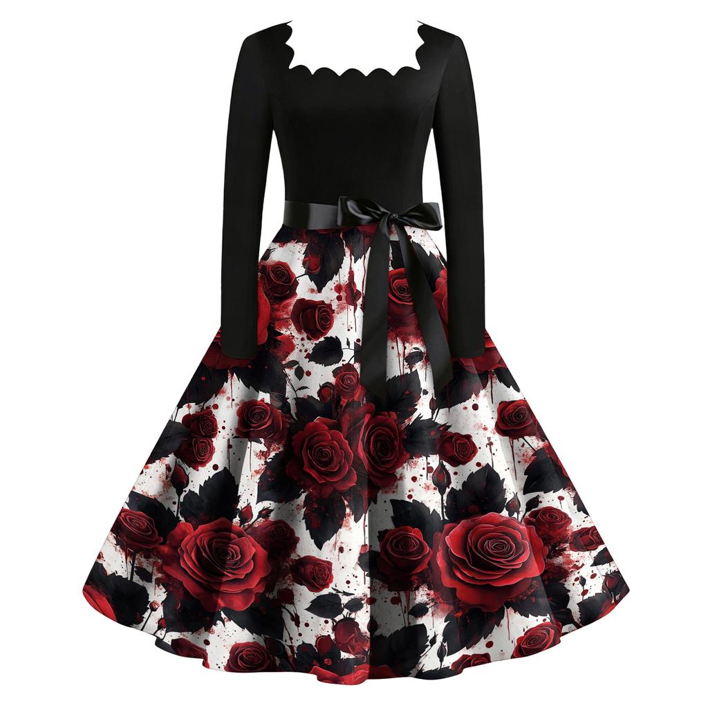 Women's Vintage Square Neck Long Sleeve Dress with Halloween Print for Evening Party