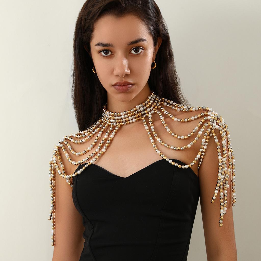 Ingemark Elegant Multilayer Imitation Pearl Shoulder Chain Necklace for Women Wed Bride Goth Tassel Neck Rave Party Body Jewelry