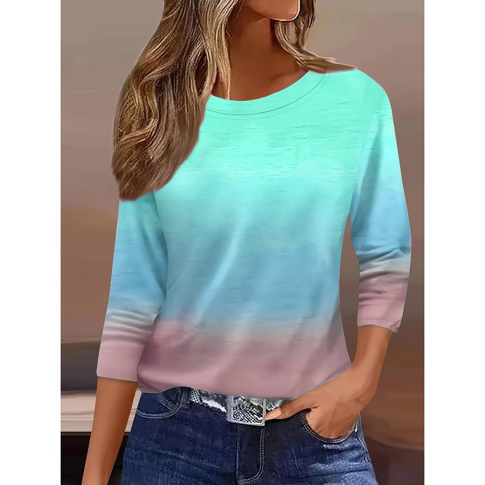 Spring and Autumn Gradient 3D Print Long-Sleeve T-Shirt, Women's Casual Loose Fashionable Noble Comfortable Top