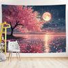 Arazzo Notturno con Fiori di Ciliegio Onirici, Albero di Ciliegio Rosa Sotto una Luna Piena Luminosa con Riflesso sull'Acqua, Rilassante Arte Murale Naturale