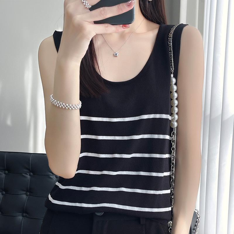 

Женская майка в полоску MODERN NEW SAGA летняя футболка без рукавов вязаный топ повседневный жилет женский с круглым вырезом M чёрный