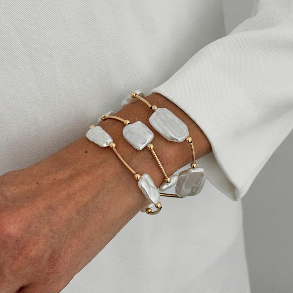 3Pcs/set Baroque Pearl Bracelet Women Multilayer Beaded Pearls Metal Geometry Irregular Bracelet Trendy Layering Wrist Jewelry