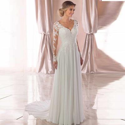 Spitzenapplikationen-Hochzeitskleid mit langen Ärmeln und V-Ausschnitt, Prinzessin-A-Linie-Brautkleid, Schleppendes Abendkleid