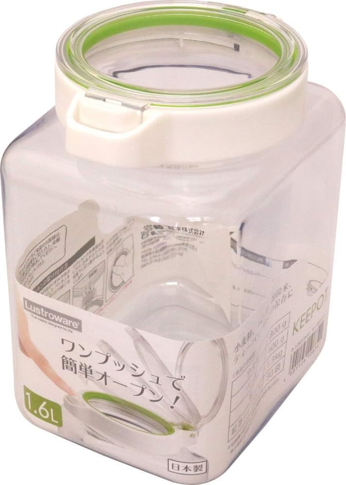 Iwasaki Kogyo Lustroware Storage Container Canister Keypot Set of 2 White Green Opening Dishwasher Safe Made in Japan 1.6L One-Push