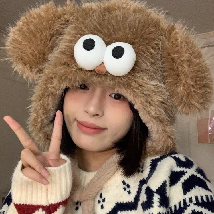 Autumn and winter cartoon student ear hats children cute thickened warm versatile big eyes plush hat cover