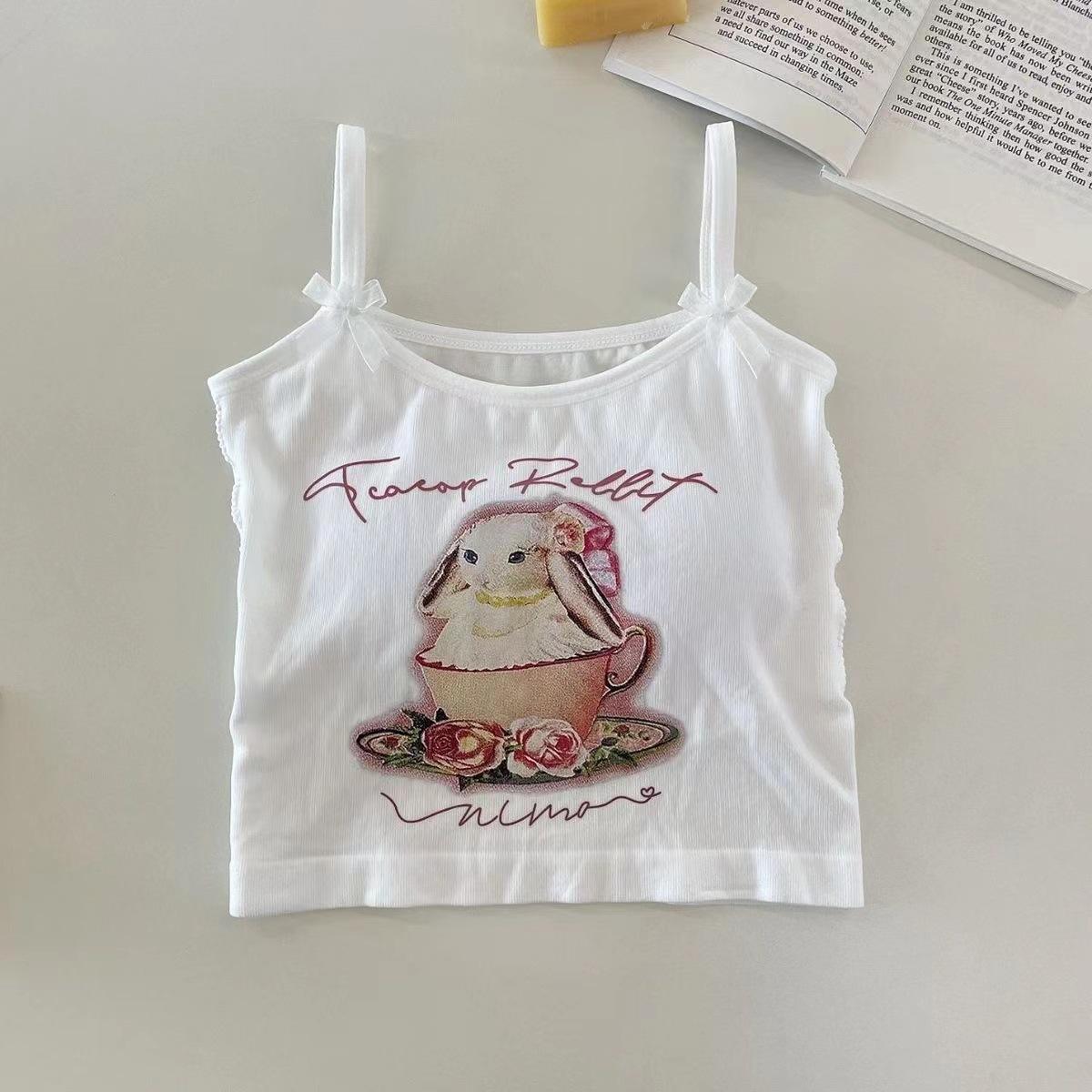 Women s Cartoon Print Bow Spaghetti Strap Cami, Padded Sweet Crop Tank Top One size