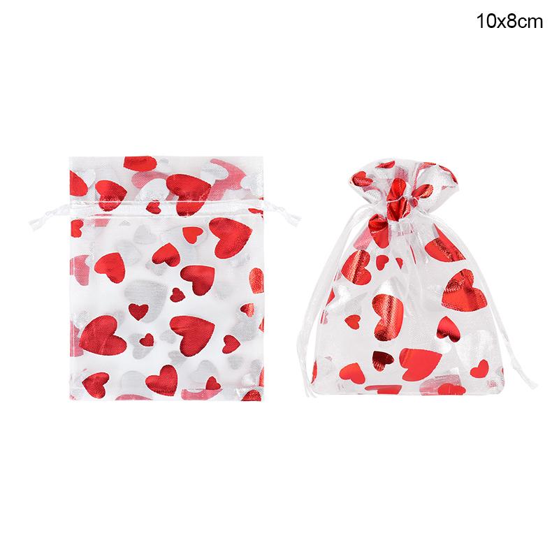 

50pcs Red Love Heart Organza Bag Wedding Valentines Day Gift Candy Drawstring Bag Jewellery Display Pouches Birthday Party Decor 50Pcs