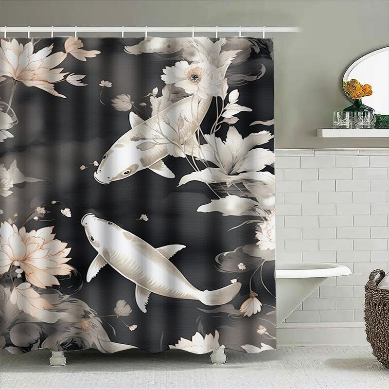 Luxurious Bath Curtains Decorative White Lotus Fish Printed Shower Curtain Waterproof Fabric Home Decoration Bathroom Accessorie