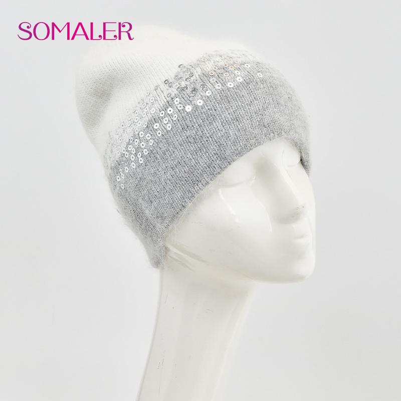 SOMALER Winter Hats for Women Warm Angora Wool Knitted Hat Fashion Sequin Beanie Hat Thick Long Rabbit Fur Hair  Skull Cap Bonnet