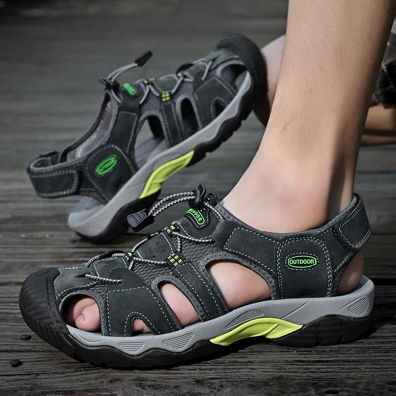 Men Outdoor Hiking Sandals Grey Leather Closed Toe Blue Beach Shoes Wide Handmade Sandals Plus Size for Father