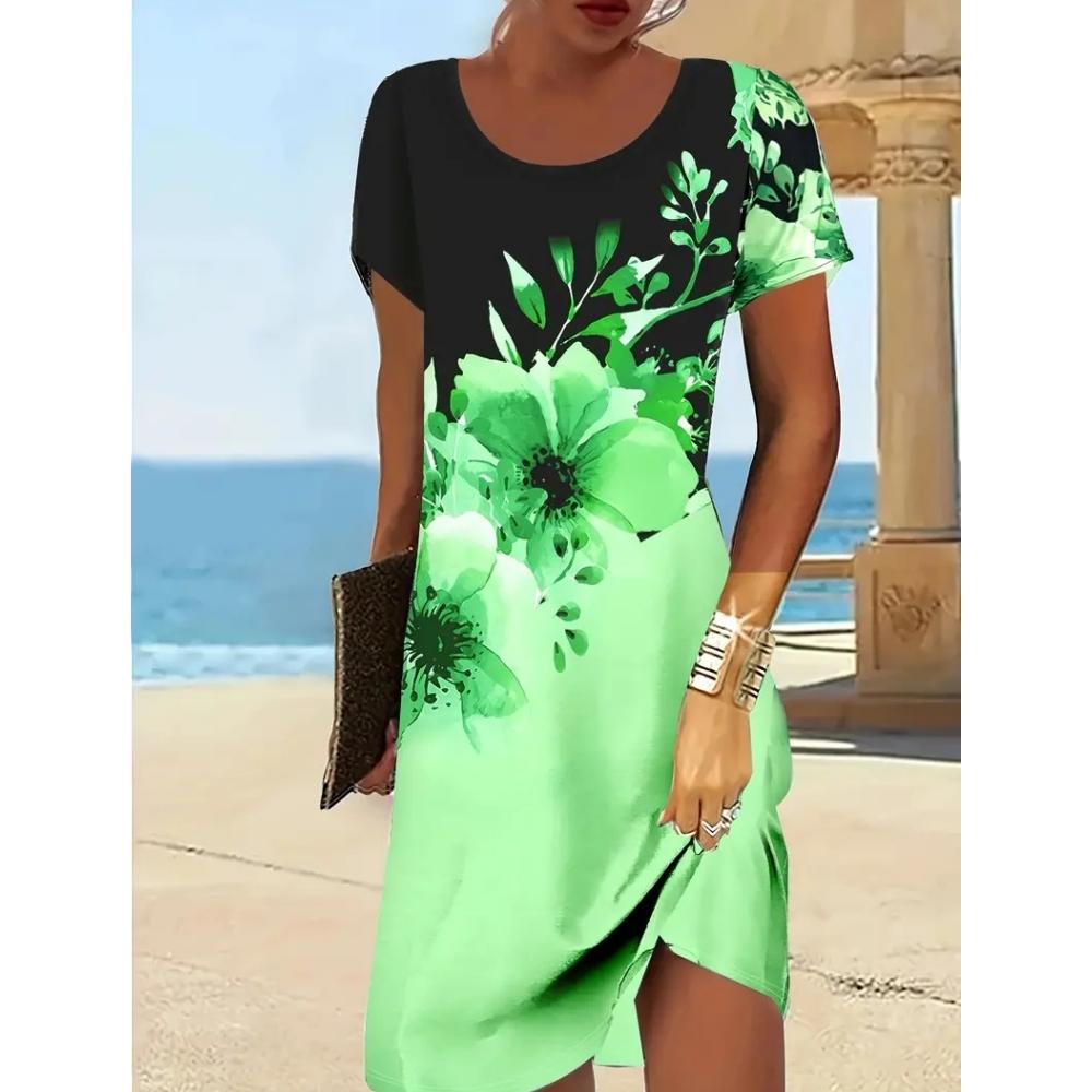 Women's Short-sleeved A-line Skirt 3d Color Printed Pullover Dress Fashionable and Elegant Summer Loose Round Neck Dress