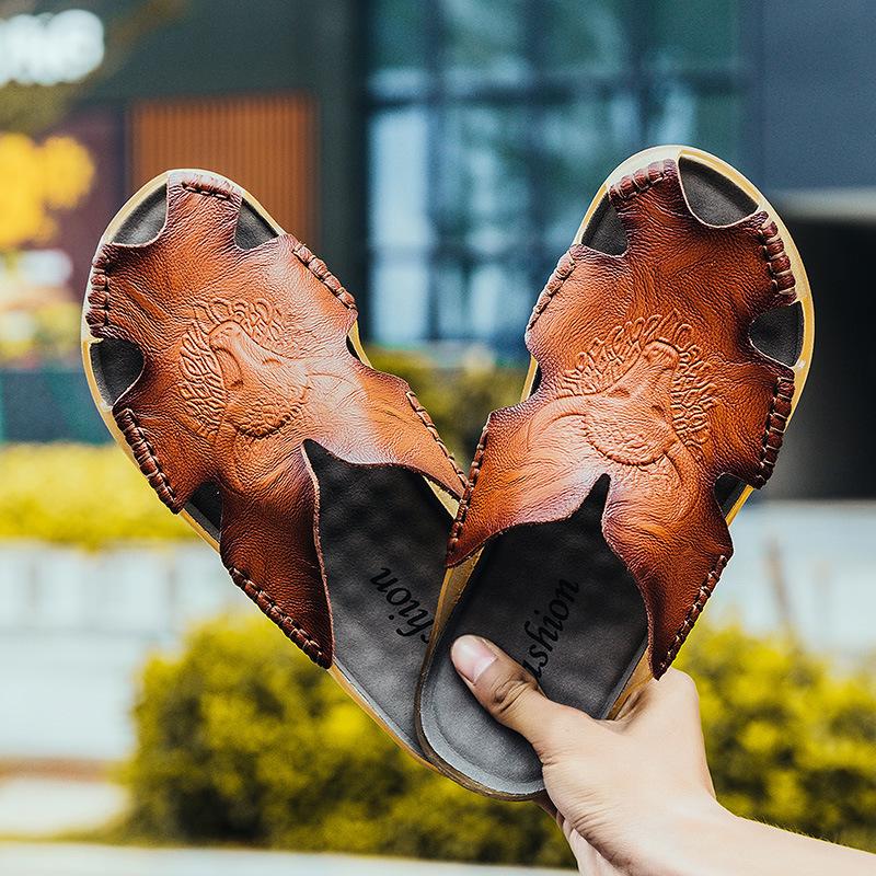 Plus Size Men's Breathable Leather Closed-Toe Sandals - Lightweight One-Strap Casual Beach Shoes