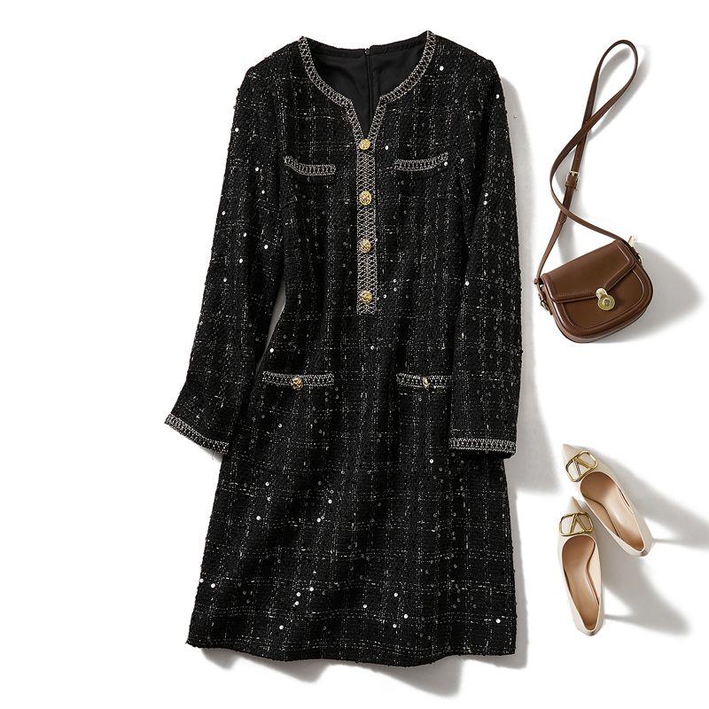 Graceful Wool Skirt! Workplace King Women Nine-Quarter Sleeve Small V-neck Gold Silk Sequins Three-Dimensional Plaid Dress