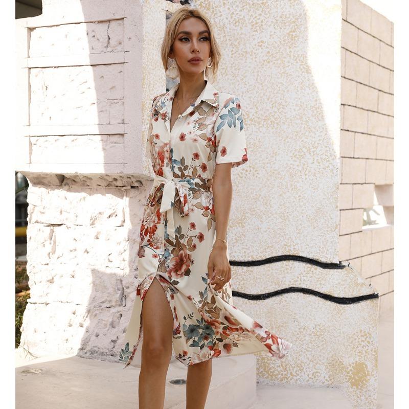 Summer Short Sleeve Women Floral Printed Shirt Dress Single-breasted Loose Casual Office Holiday Lace-up A-line Party Dresses Elegant Fashion Clothng