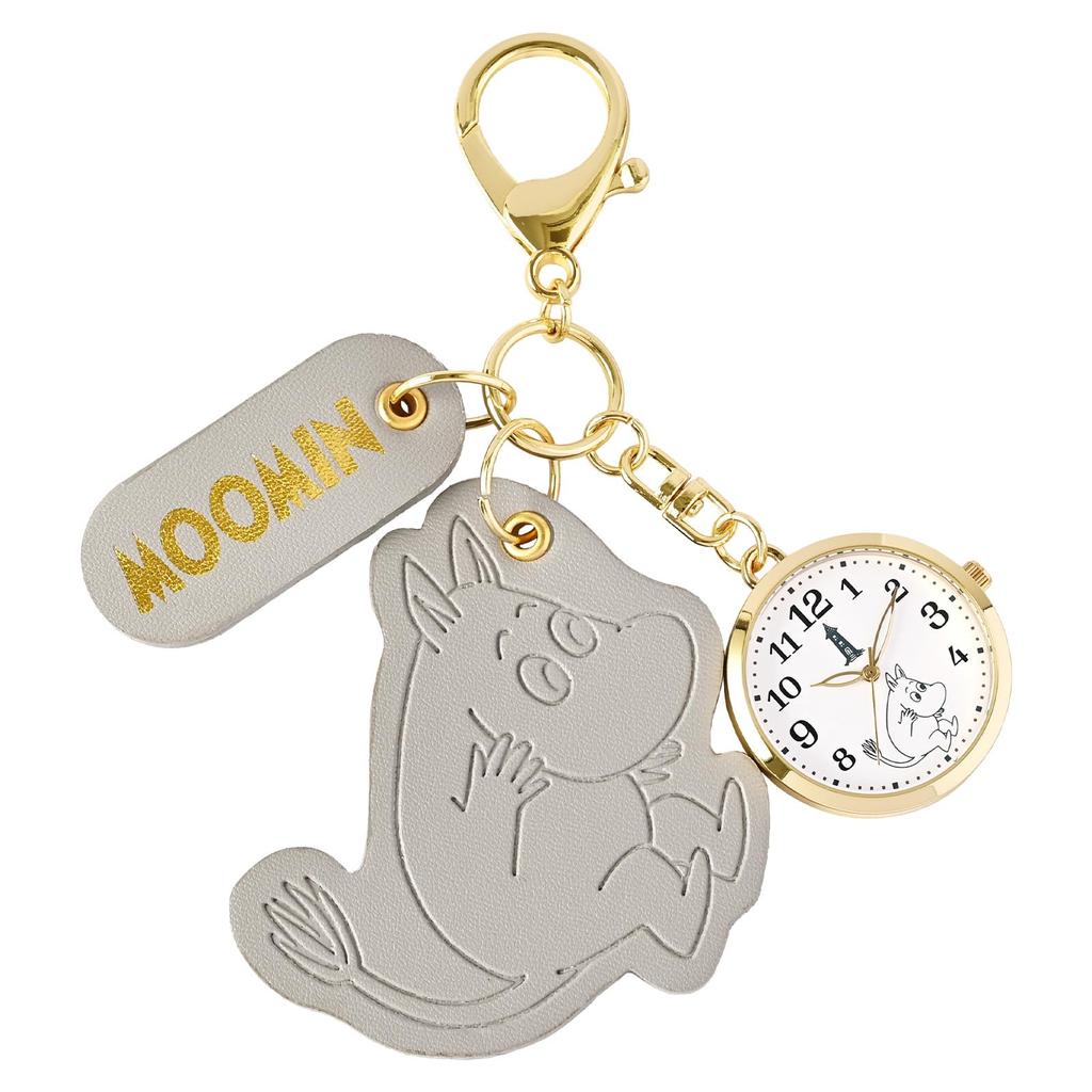 Fieldwork Women's Analog Pocket Watch with Moomin Keychain, Cute Bag Charm with Lobster Claw Attachment, Embossed Leather, KC Small, Gray, MOM025-2