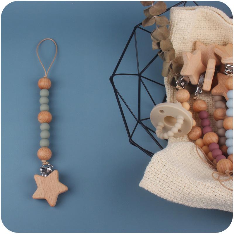 Baby Pacifier Clip Chain Wooden Star Holder Soother Pacifier Clip Leash Strap Nipple Holder For Infant Nursing Nipple Clip Chain