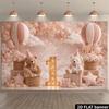 2D Pink Bear & Hot Air Balloon Backdrop, 1st Birthday Photography Background for Baby Shower