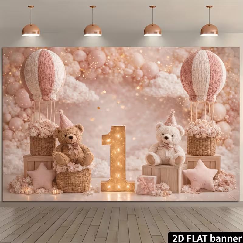 2D Pink Bear & Hot Air Balloon Backdrop, 1st Birthday Photography Background for Baby Shower