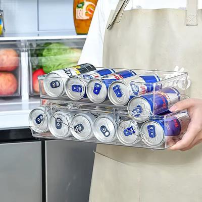 Refrigerator Beverage Holder Automatic Rolling Refrigerator Organizer Box 2-Layer Can Holder Dispenser Clear Stackable Can