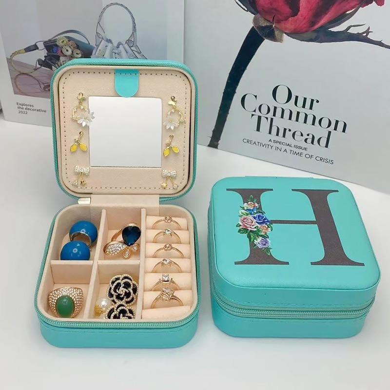PU Leather Jewelry Box Mirror Storage Box 26 Letter Printed Portable Jewelry Organizer Earring Ring Necklace Case