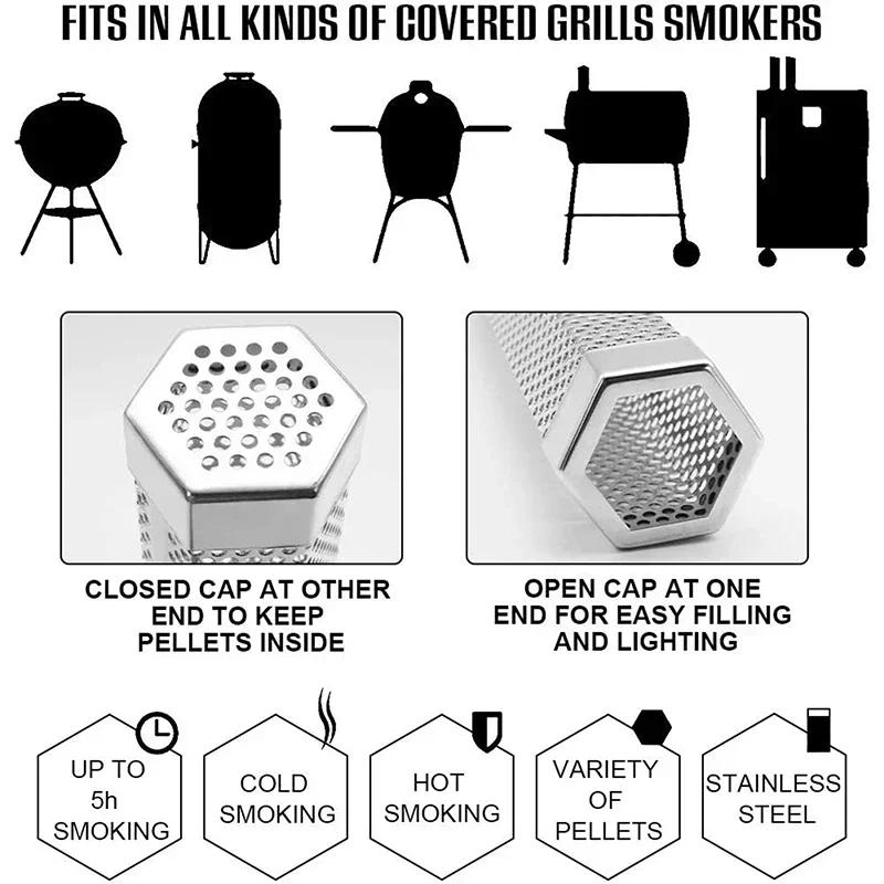 BBQ Stainless Steel Smoker Grill Tube Perforated Mesh Filter Gadget Pellet Smoking Generator Hexagon Spice Smoked Box