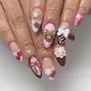 Handmade 3D Cute Rabbit Cat Pink Chocolate Dessert Cream Cartoon Almond Shaped Press On Nails Art Stickers