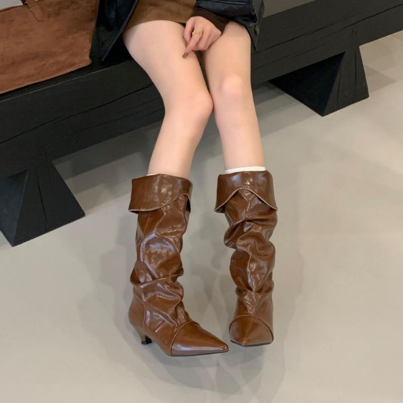 

Quality 2025 autumn and winter frosted leather pointed retro high-heeled short boots pleated stacked boots western cowboy boots women 39