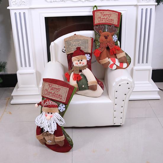 18" Christmas Stocking 3D Plush Santa Snowman Reindeer Design Hanging Burlap Stocking for Farmhouse Holiday Decor