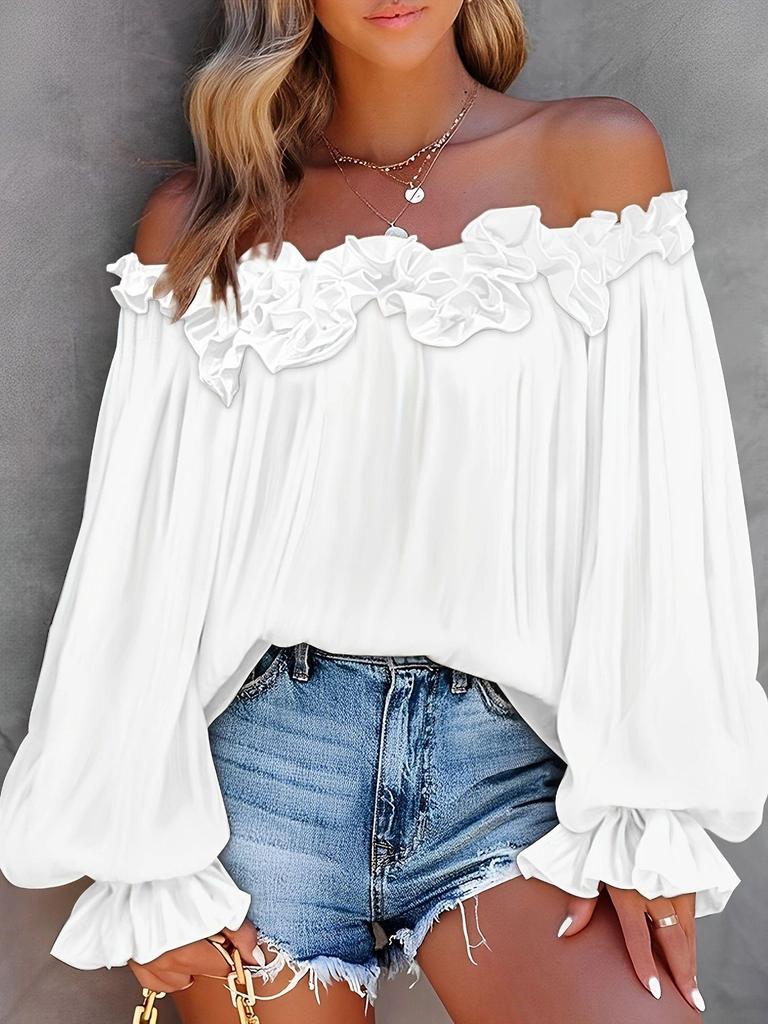 2025 Elegant European & American One-Shoulder Ruffle Long-Sleeve Shirt for Women