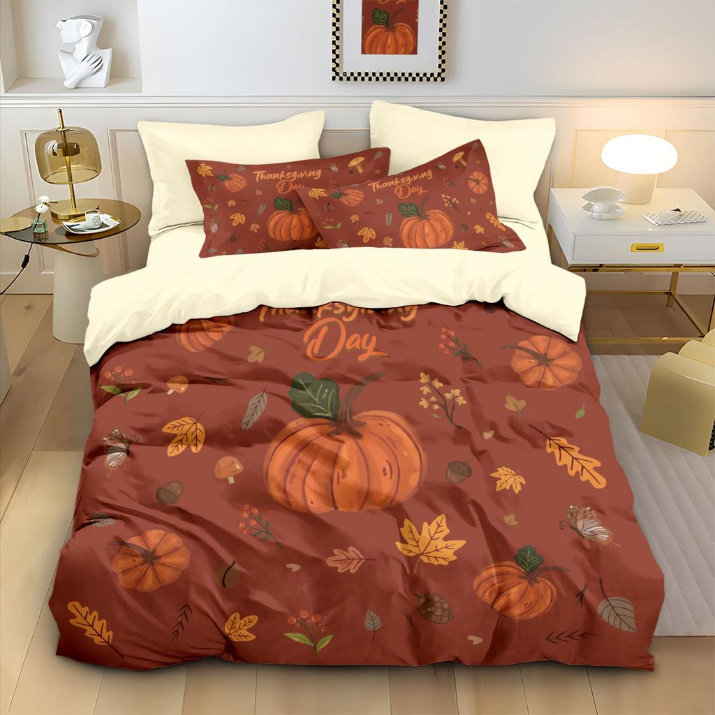 Thanksgiving Quilt Cover Three-Piece Pumpkin 3D Printed Bedding Polyester Pillow Cover Quilt Cover
