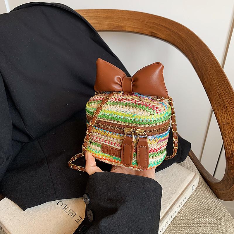 Chic Woven Pu Mini Handbag Stylish Striped Pattern Ultra-light Trendy Purse