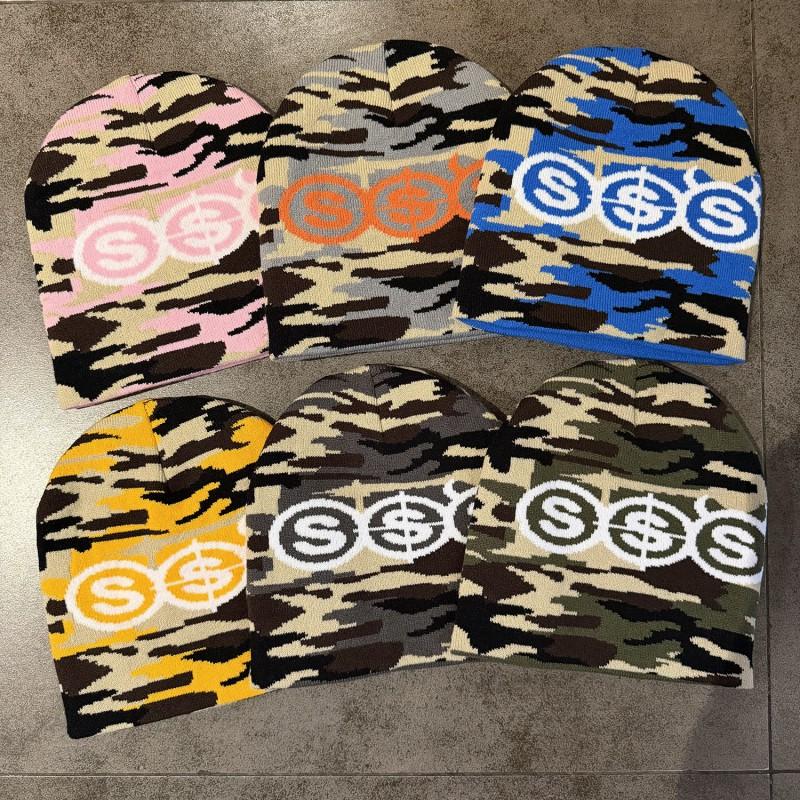 American Style Winter Knit Beanie Couples Streetwear Warm Cap With Letter Detail Unisex Camo Hat