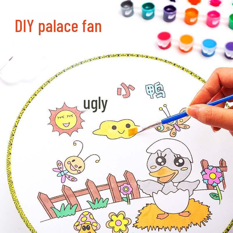 DIY Blank Round Fan Materials: Children's Hand-Painted White Palace Fan Kit