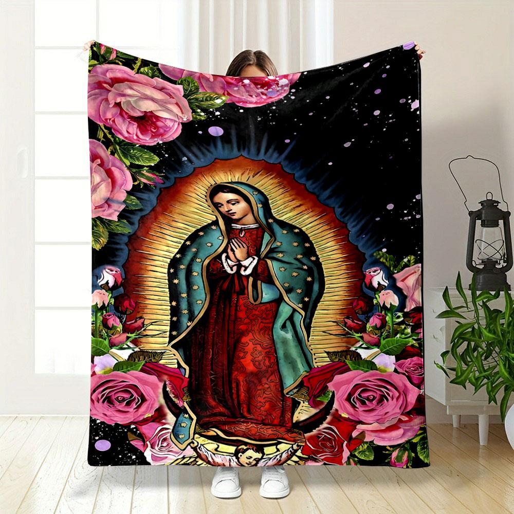 Our Lady of Guadalupe Floral Blanket Bedroom Blanket for Livingroom Couch Lunch Break Soft Throw for Friend's Festival Gift