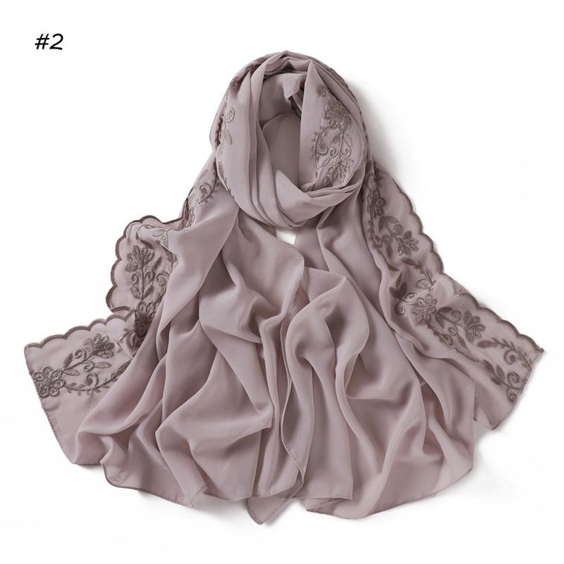 Fashion Embroider Lace Floral Bubble Chiffon Hijab Ramadan Solid Shawl Women Sunscreen Headscarf Outdoor Windproof Head Wrap