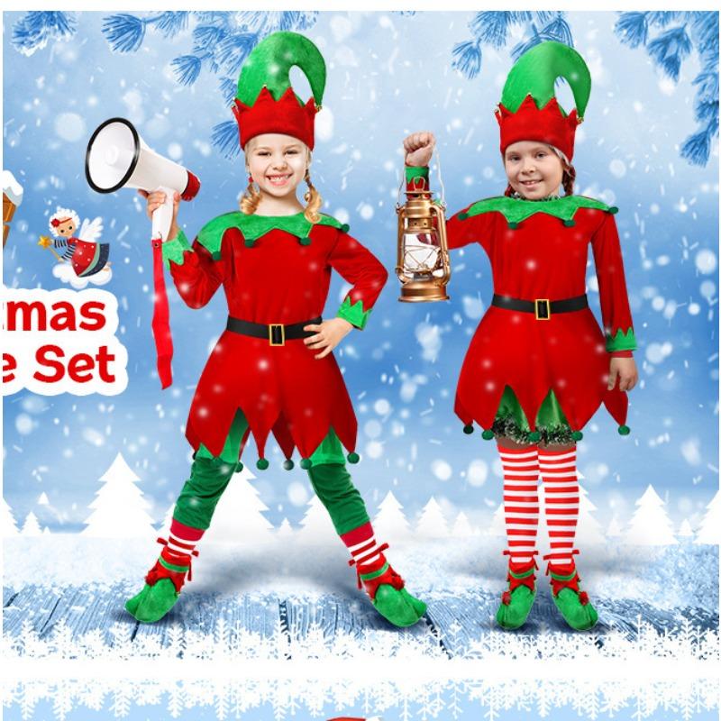 Beautiful Christmas Children's Christmas Elf Costume, Parent-Child Clothing Red Striped Hooded Dress Women's Clothing