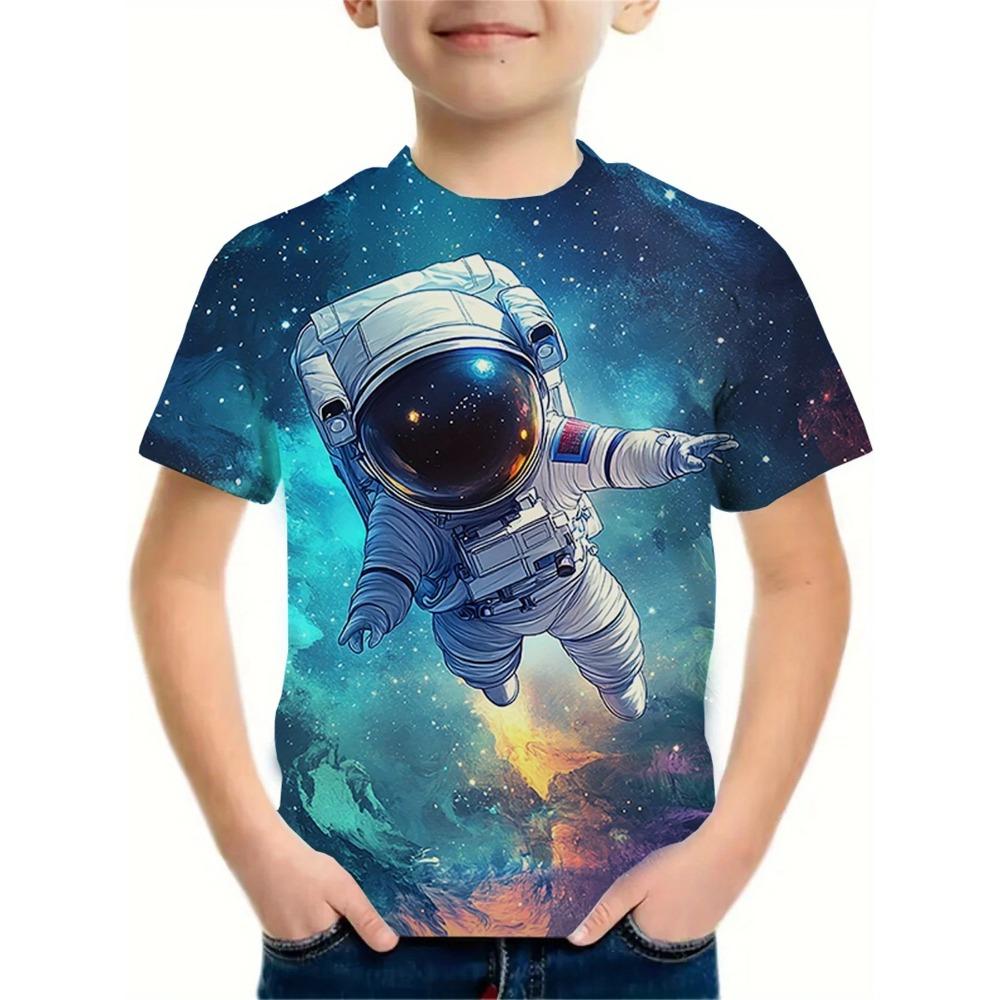 Fashionable Space Cartoon Pattern 3D Printed Boy Round Neck Short Sleeved T-shirt
