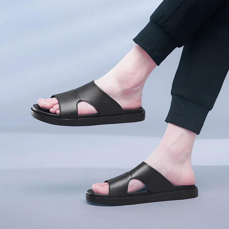 Fashion Luxury Mans Slippers Genuine Leather Men's Summer Shoes Casual Beach Slipper Outdoor Male Home Flip Flops Soft Breathable Shoes