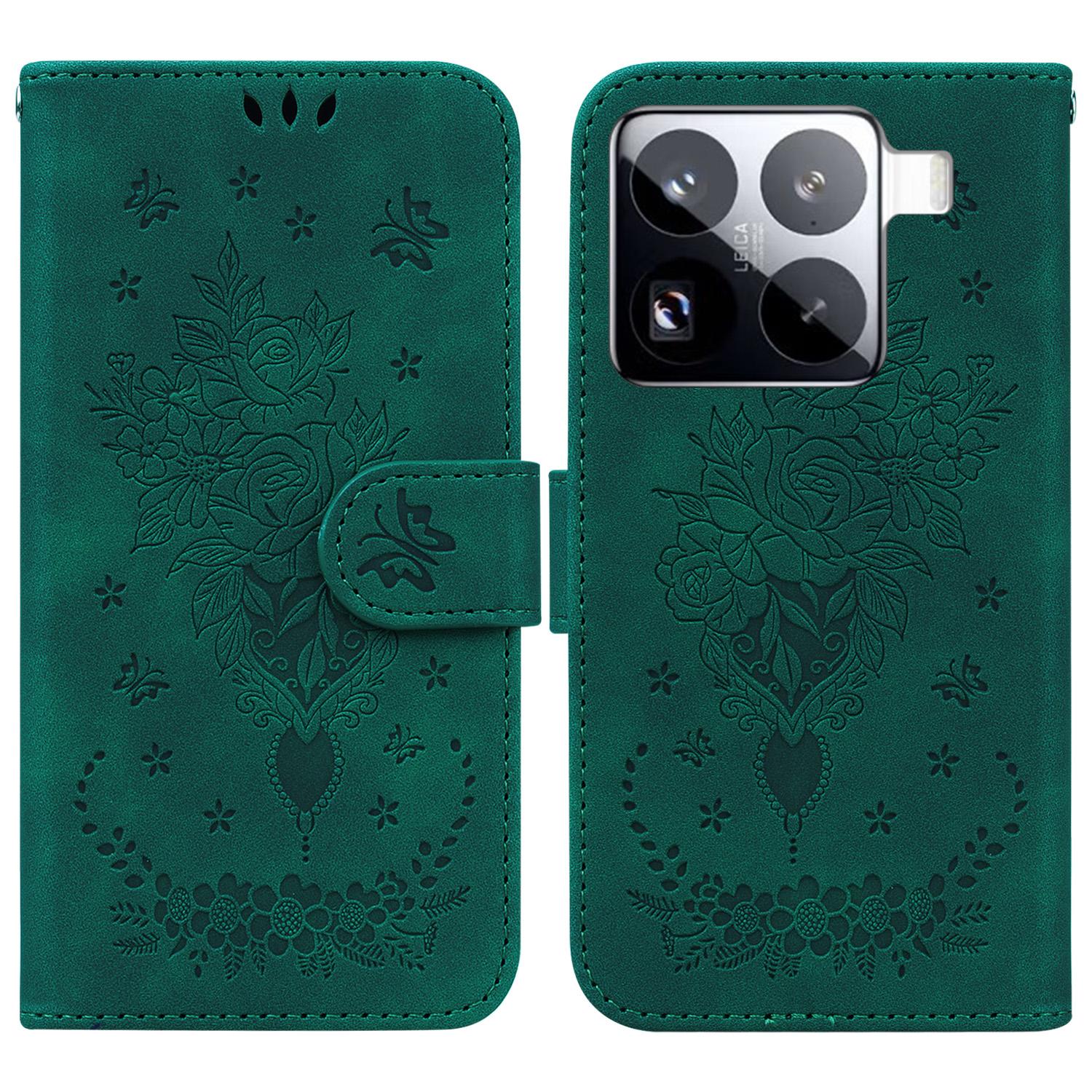

For Xiaomi 15 Pro Case PU Leather Wallet Phone Cover Butterfly Flower Imprint Green