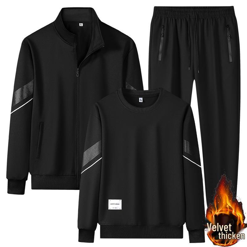 Men's Winter Plus Velvet Casual Sports Suit: Loose-Fit Round Neck Sweatshirt, Thick Coat, Trendy Large Size 3-Piece Set